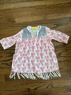 Roller Rabbit Girls Pink Floral Fringe Tunic with Navy Stripe Yoke
